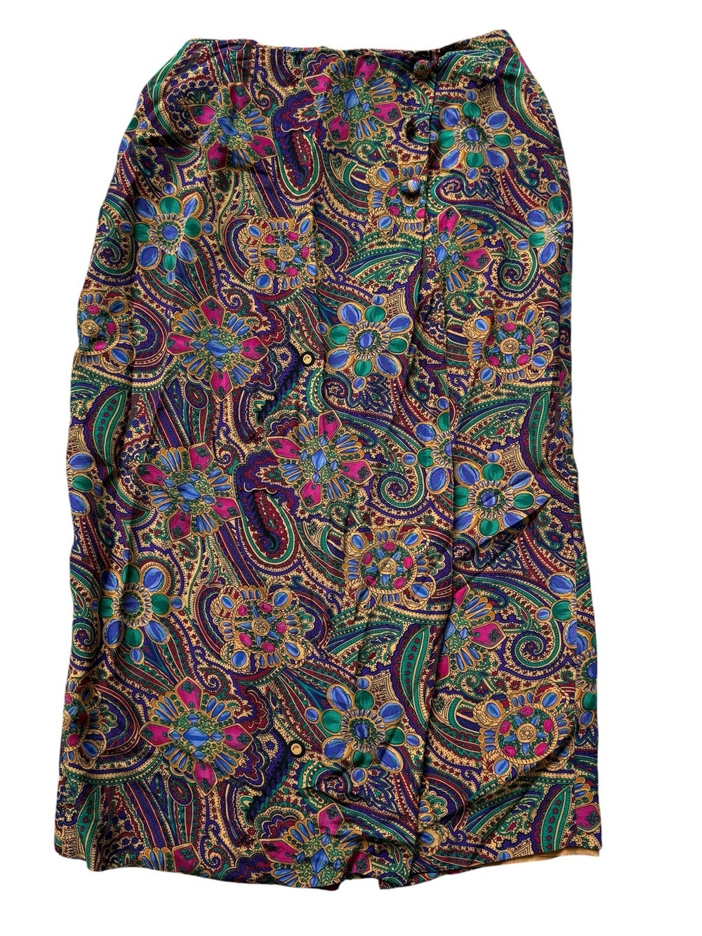 Vintage 100% Silk Paisley Jewel Tone Midi Skirt Button Front Boho Glam Size 10